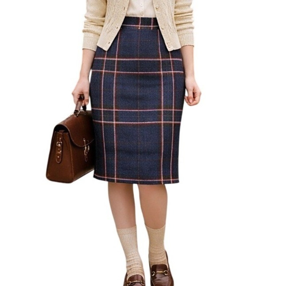 Moussy Tartan Plaid Pencil Skirt S Navy Textured Knit Midi‎ Preppy Retro Office